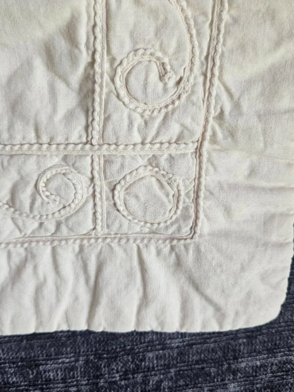 Vtg Two Beige Cotton Pillow Shams Quilted Cutout Lace Crochet Cottagcore 23x29